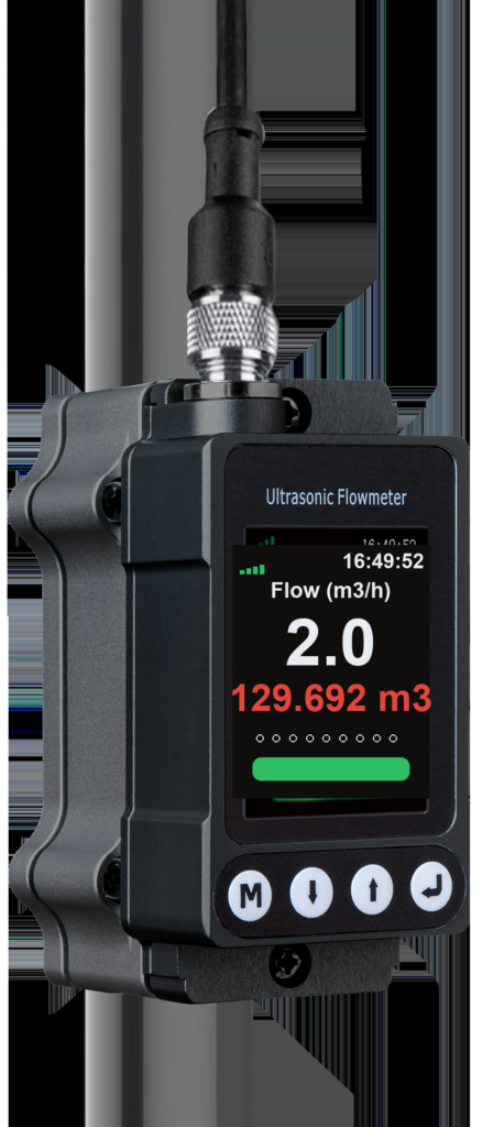 YF-E5 compact clamp-on ultrasonic flow meter display showing flow