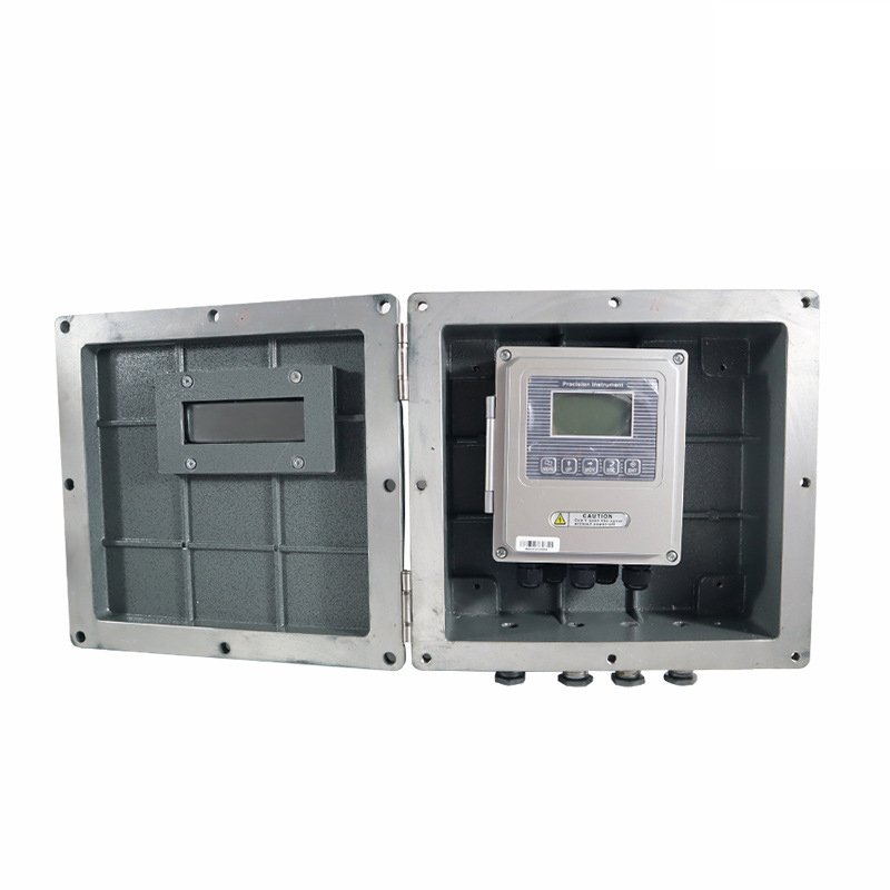 YF-W200D Ex enclosure open showing fixed ultrasonic flow transmitter inside